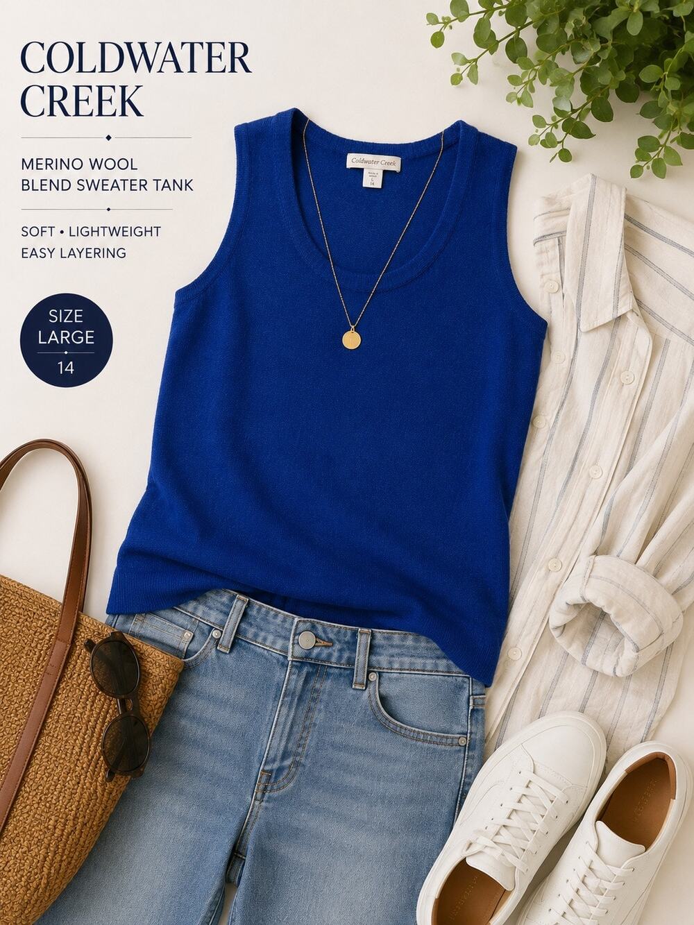 Coldwater Creek Merino Wool Blend Sweater Tank Top Blue Women’s Sz L Sleeveless